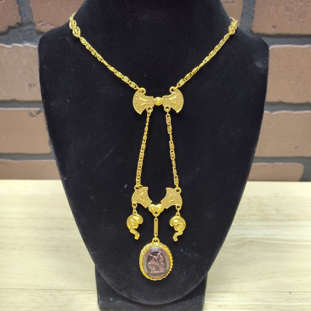 Goldette vintage Intaglio purple cameo Greek goddess Venus gold tone costume